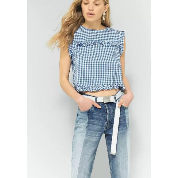 BDG Urban Outfitters Size W26 L32 Jessye Straight Leg Spliced Jeans Blue Raw Hem - Picture 3 of 14